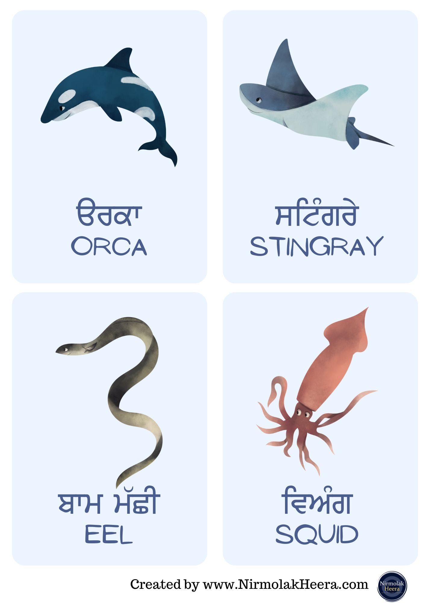 Sea Creatures Punjabi Flashcards [Digital Download]